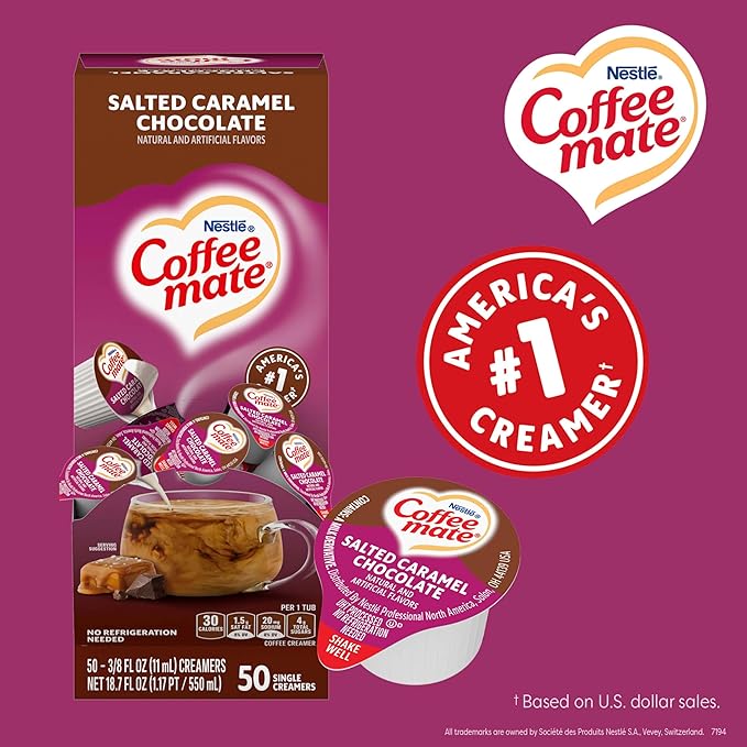 Nestle Coffee mate Coffee Creamer, Salted Caramel Chocolate, Liquid Creamer Singles, Non Dairy, No Refrigeration, 0.375 fl oz Tubs (Pack of 200)