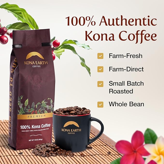 KONA EARTH 100% Kona Premium Coffee, Medium Roast, Whole Bean, 1 lb (16oz) Farm-Direct Authentic Hawaiian Kona Coffee beans from Hawaii’s Big Island, Micro-Batch-Roasted