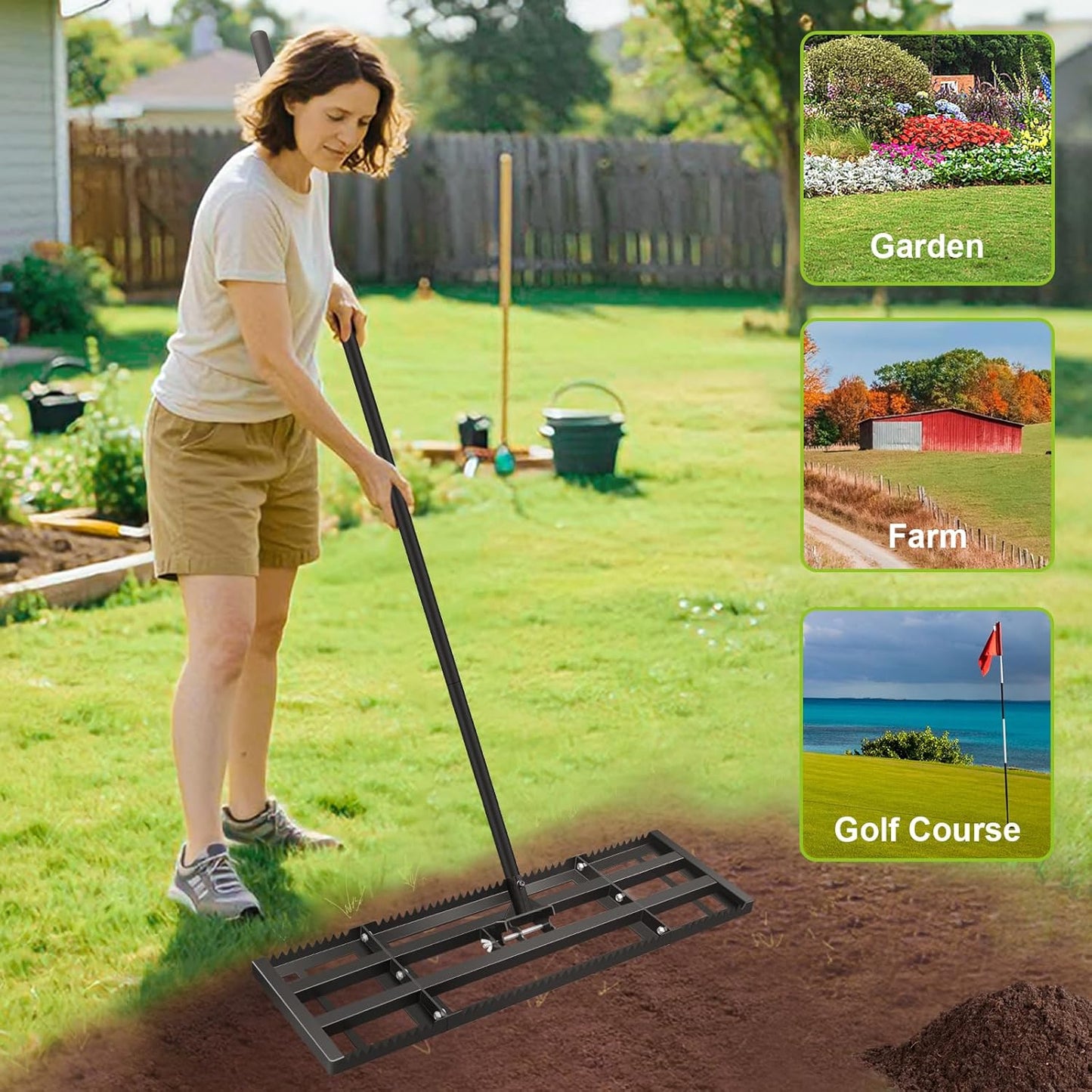 Lawn Leveling Rake-32"x10" Heavy Duty Leveler Reinforced Landscape Tool, Steel Lawn Rake with Serrated Edge & Smooth Plate for Level Soil Compost Sand Grass Dirt Yard Garden 6.5FT Adjustable Handle