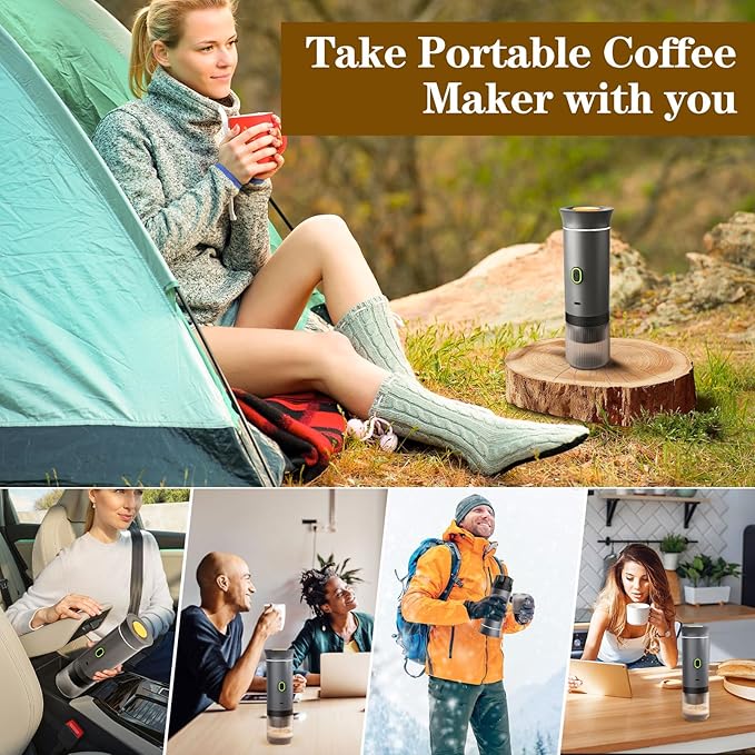 Portable Coffee Maker, Espresso Machine for camping, Travel Coffee Maker with USB-C, 3-in-1 Small Espresso Machine with Ground Coffee & Capsules (NS＆DG) for RV, Hiking, Office(Grey)