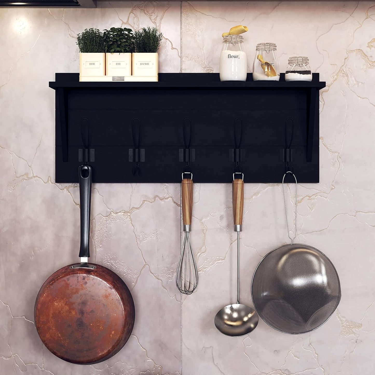 Wall Mounted Coat Rack Shelf, Rustic Wooden Country Style 24" Entryway Shelf with 5 Rustic Hooks Featuring Solid Pine Wood. Perfect Touch for Your Entryway, Mudroom, Kitchen, Bathroom and More, Black