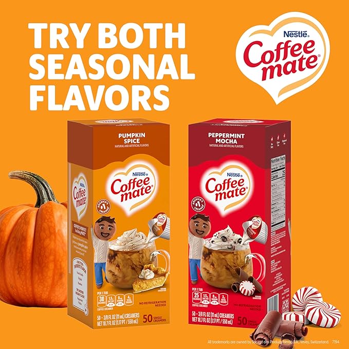 Nestle Coffee mate Coffee Creamer, Pumpkin Spice, Liquid Creamer Singles, Non Dairy, No Refrigeration, 0.375 fl oz Tubs (Pack of 200)