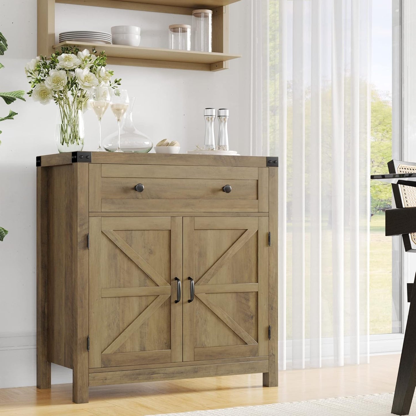 HOSTACK Coffee Bar Cabinet, Kitchen Storage Cabinet, Modern Farmhouse Buffet Sideboard with Drawer and Adjustable Shelf, Barn Door Accent Cabinets for Kitchen, Dining Room, Entryway,Rustic Brown