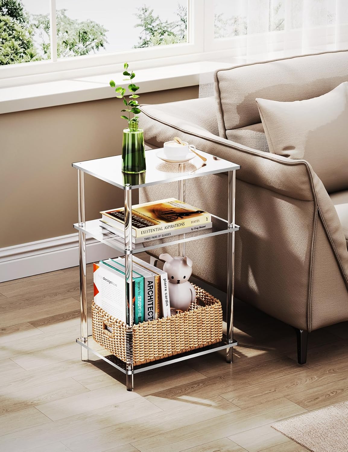Acrylic Side Table Clear 3-Tier End Table for Living Room, Office, Hallway, Bedroom Small Bedside Table
