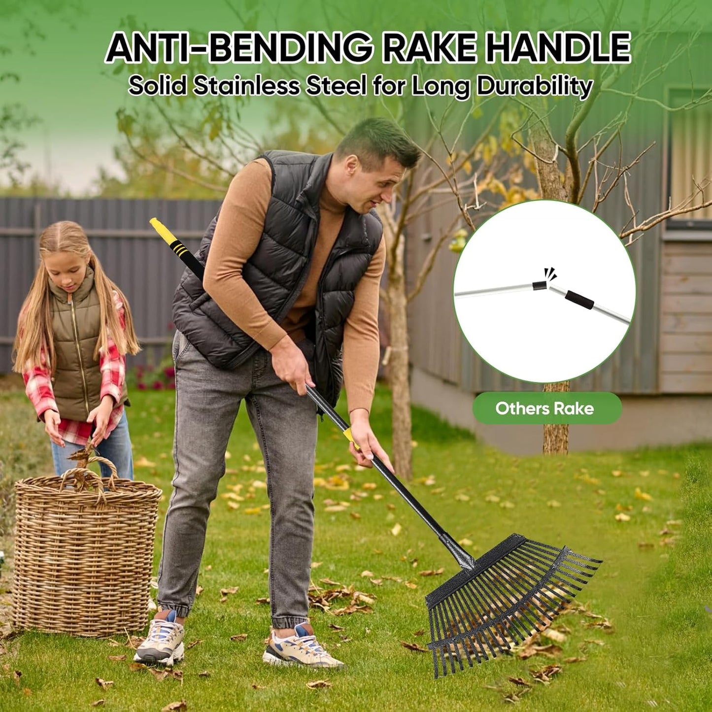 Garden Leaf Rakes, 6FT Rake for Lawns Heavy Duty 25 Metal Tines 18.5 inch Wide, Adjustable Steel Handle, Rakes for Leaves, Gathering Shrub, Grass, Flower Beds