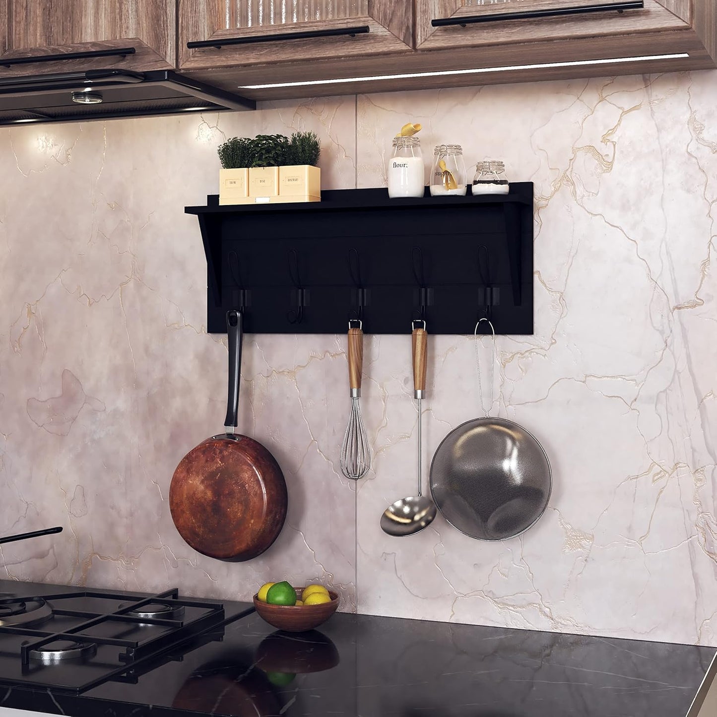 Wall Mounted Coat Rack Shelf, Rustic Wooden Country Style 24" Entryway Shelf with 5 Rustic Hooks Featuring Solid Pine Wood. Perfect Touch for Your Entryway, Mudroom, Kitchen, Bathroom and More, Black