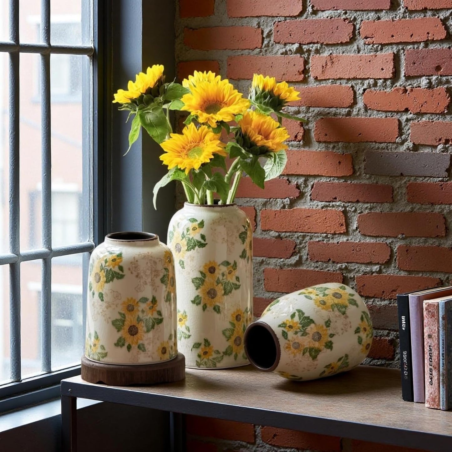 Vintage Ceramic Vase, 10.6 Inch Chinoiserie Sunflower Yellow Floral Vases, Retro Ice Cracked Rustic Antique Flower Vases for Modern Room Bathroom Shelf Home Decor (Large Cylinder)