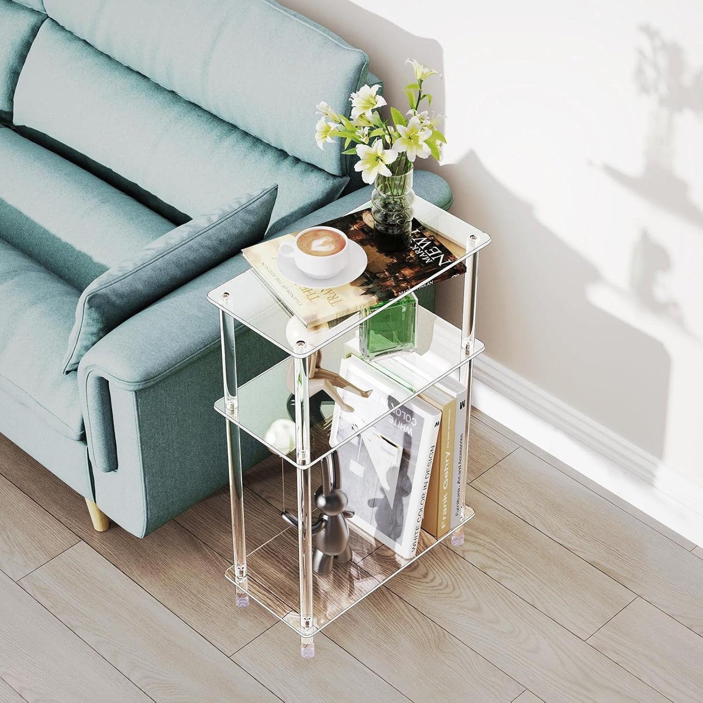 Clear Acrylic Narrow Side Table for Small Spaces, 15.7" L x 7.87" W x 24.6" H, 3 Tier Rectangle Slim End Table Nightstand, Small Skinny Bedside Table for Living Room, Bedroom, Bathroom