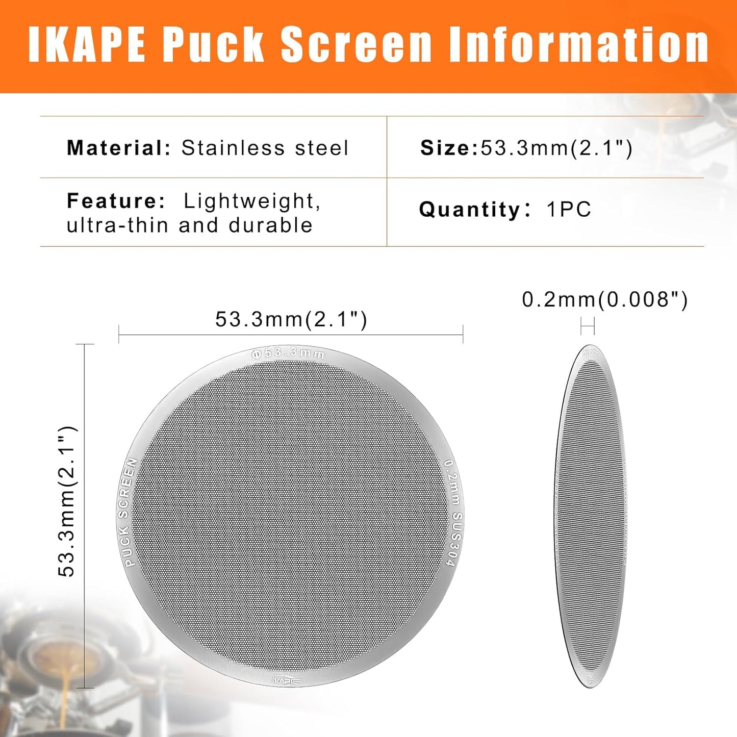 IKAPE 53.3mm Espresso Puck Screen, 0.2mm Thickness, Reusable Metal Ultra-thin & Ultra-light Coffee Filters, Food-grade 316 Stainless Steel Coffee Puck Screen for Espresso Baristas