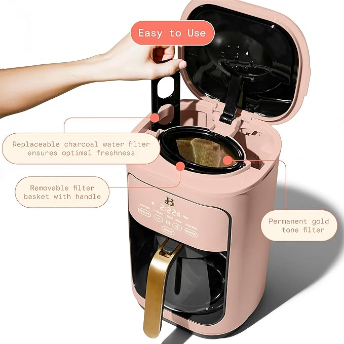 Beautiful by Drew Barrymore 14-Cup Programmable Drip Coffee Maker, Touch-Activated Display, Fast 14-Min Brew, Bold Strength, Keep Warm 4 H, Gold Filter (Rose)