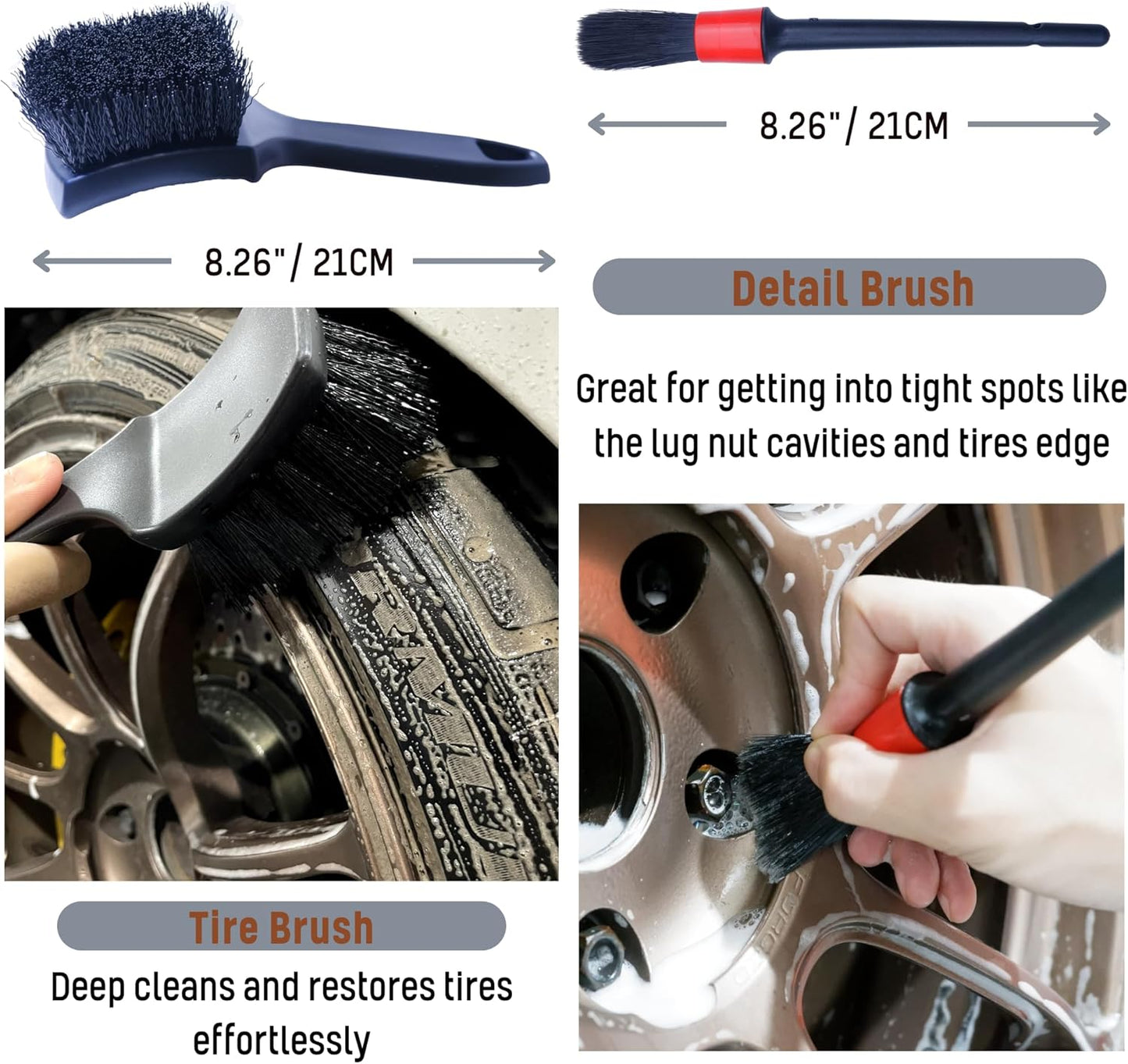 Refined Long Handle Car Wheel Brush Arsenal, Soft Wheel and Rim Brush,Tire Brush, Bendable & Durable Car Wheel Rim Cleaner Brush Set for Cleaning Wheel and Tire, Large, Grey & Black