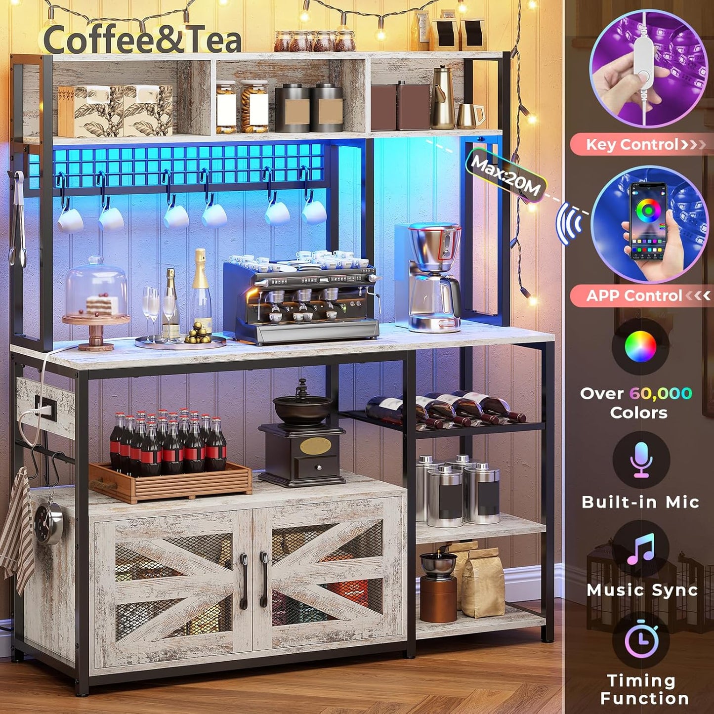 Itaar 47.2 Inch Bakers Rack with Power Outlet, Microwave Stand with Storage, Farmhouse Coffee Bar Cabinet Station with Wine Rack, Iron Mesh and 8-S Hooks, Vintage White