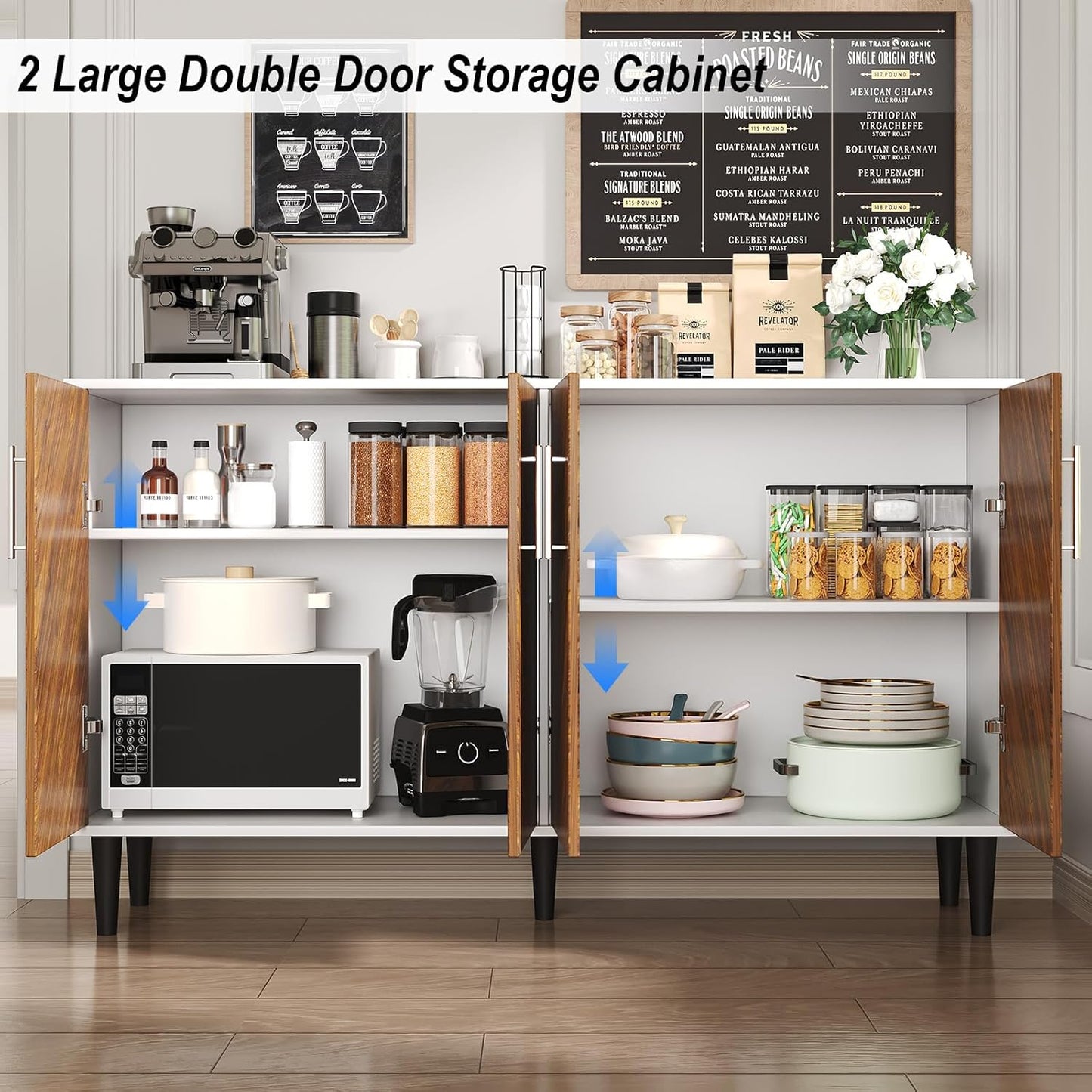 4 EVER WINNER 55" Sideboard Buffet Cabinet with Storage, Coffee Bar Cabinet with Adjustable Shelves, Kitchen Storage Cabinets with 4 Doors for Kitchen, Dining Room