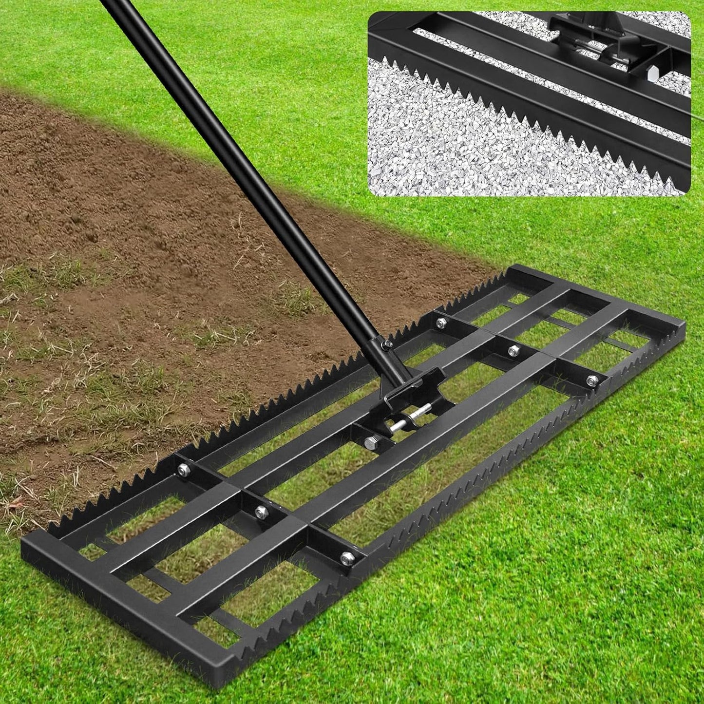 Lawn Leveling Rake-32"x10" Heavy Duty Leveler Reinforced Landscape Tool, Steel Lawn Rake with Serrated Edge & Smooth Plate for Level Soil Compost Sand Grass Dirt Yard Garden 6.5FT Adjustable Handle