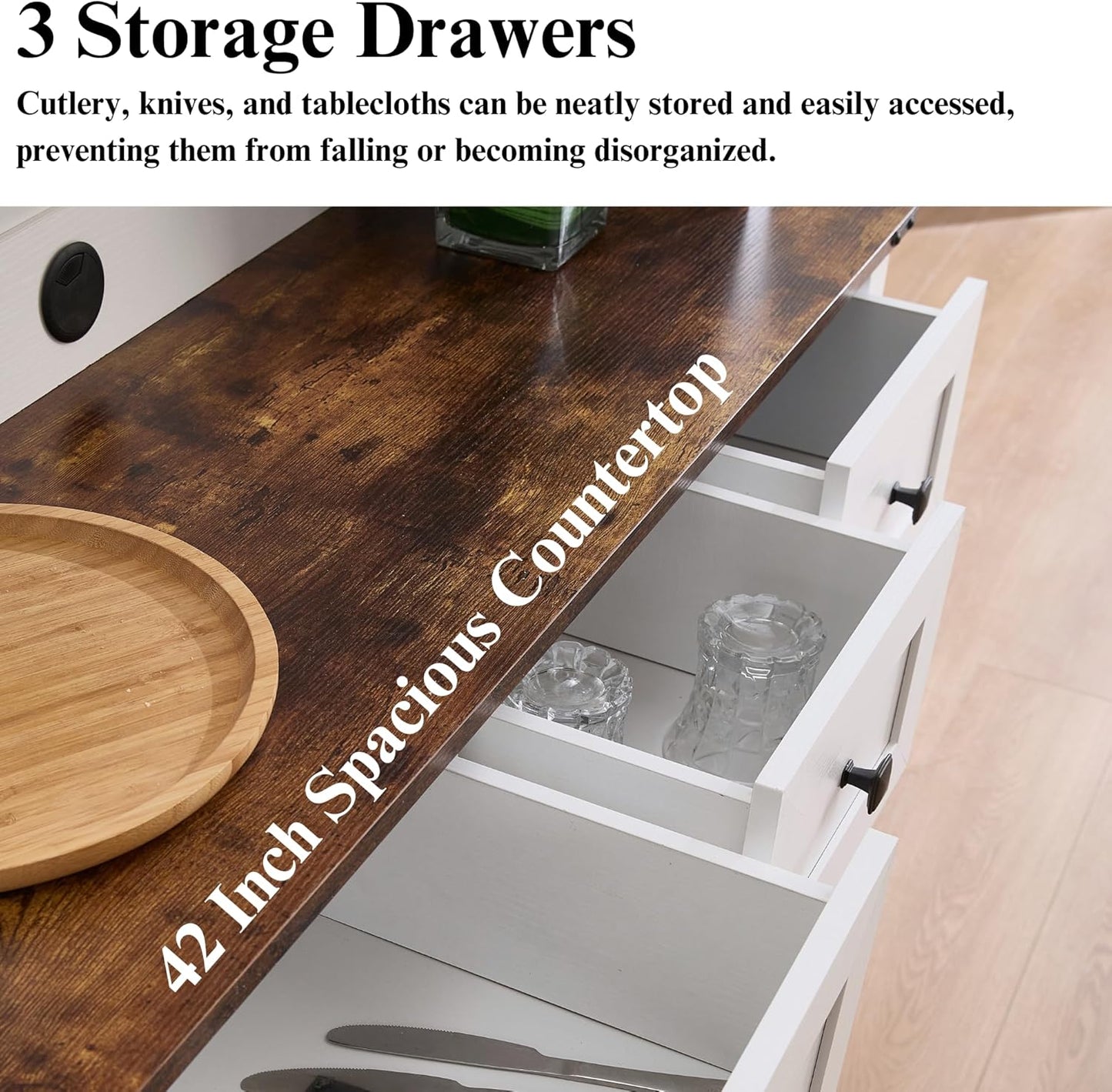 Coffee Bar Cabinet with Sliding Barn Doors 71'' Farmhouse Pantry Cabinet with Drawers & Wine Glass Rack Rustic Buffet Cabinet for Kitchen, White and Brown