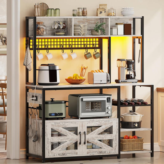 Itaar 47.2 Inch Bakers Rack with Power Outlet, Microwave Stand with Storage, Farmhouse Coffee Bar Cabinet Station with Wine Rack, Iron Mesh and 8-S Hooks, Vintage White