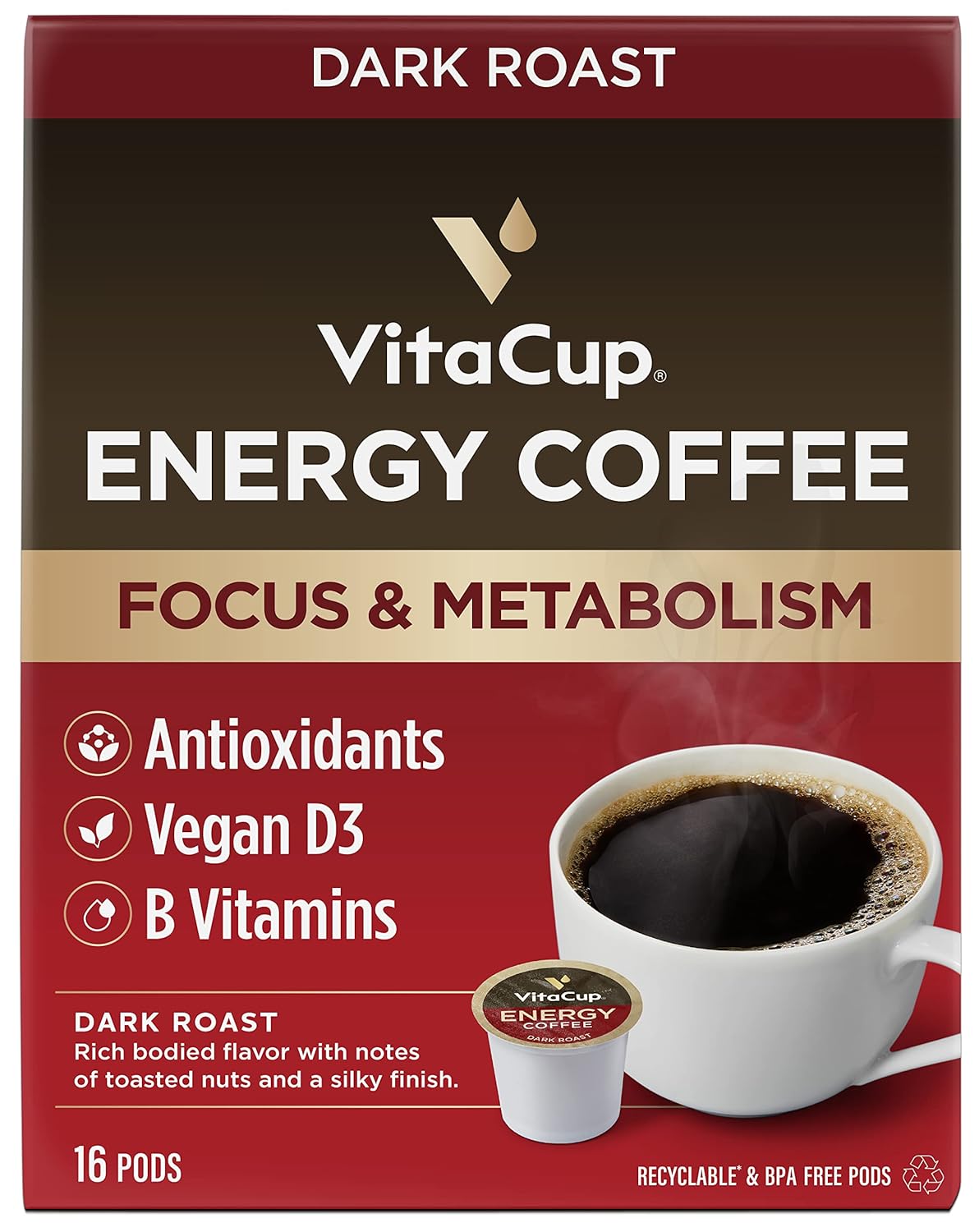 VitaCup Energy Dark Roast Coffee Pods, Boost Focus & Metabolism, Antioxidants, B Vitamins, Bold & Smooth,100% Arabica Coffee, Recyclable Single Serve Pod Compatible with Keurig K-Cup Brewers,16 Ct