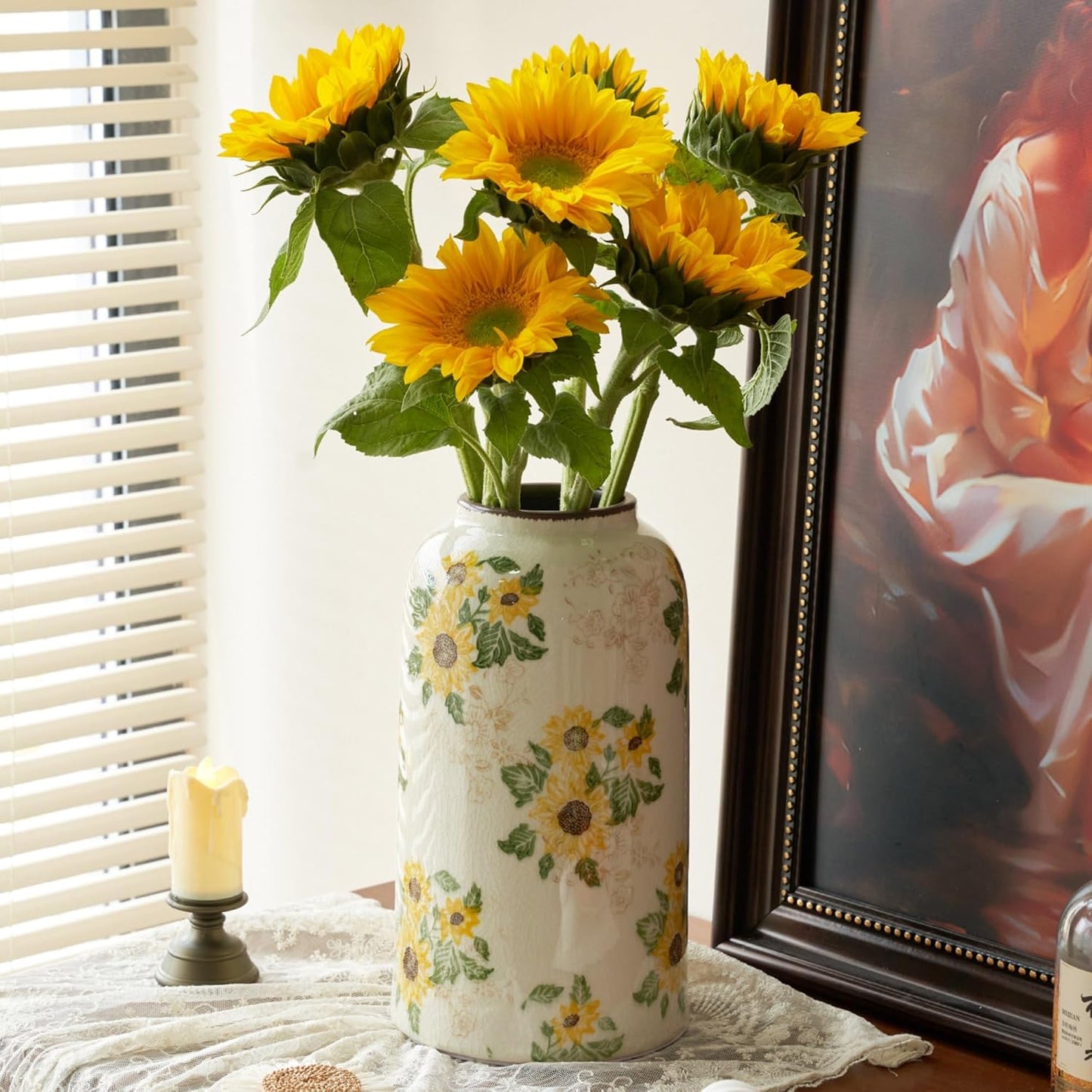 Vintage Ceramic Vase, 10.6 Inch Chinoiserie Sunflower Yellow Floral Vases, Retro Ice Cracked Rustic Antique Flower Vases for Modern Room Bathroom Shelf Home Decor (Large Cylinder)
