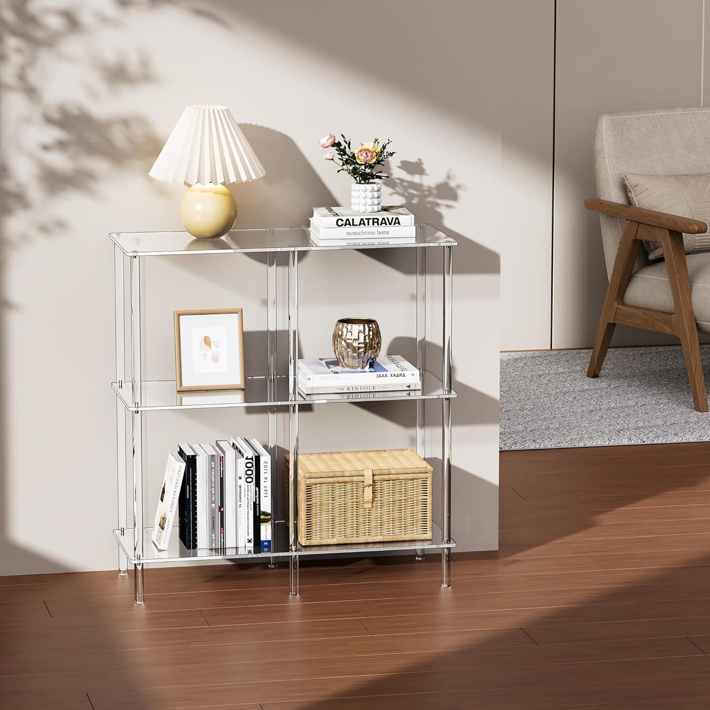 Acrylic Side Table Clear 3-Tier End Table for Living Room, Office, Hallway, Bedroom Small Bedside Table (8mm 31.7" high)