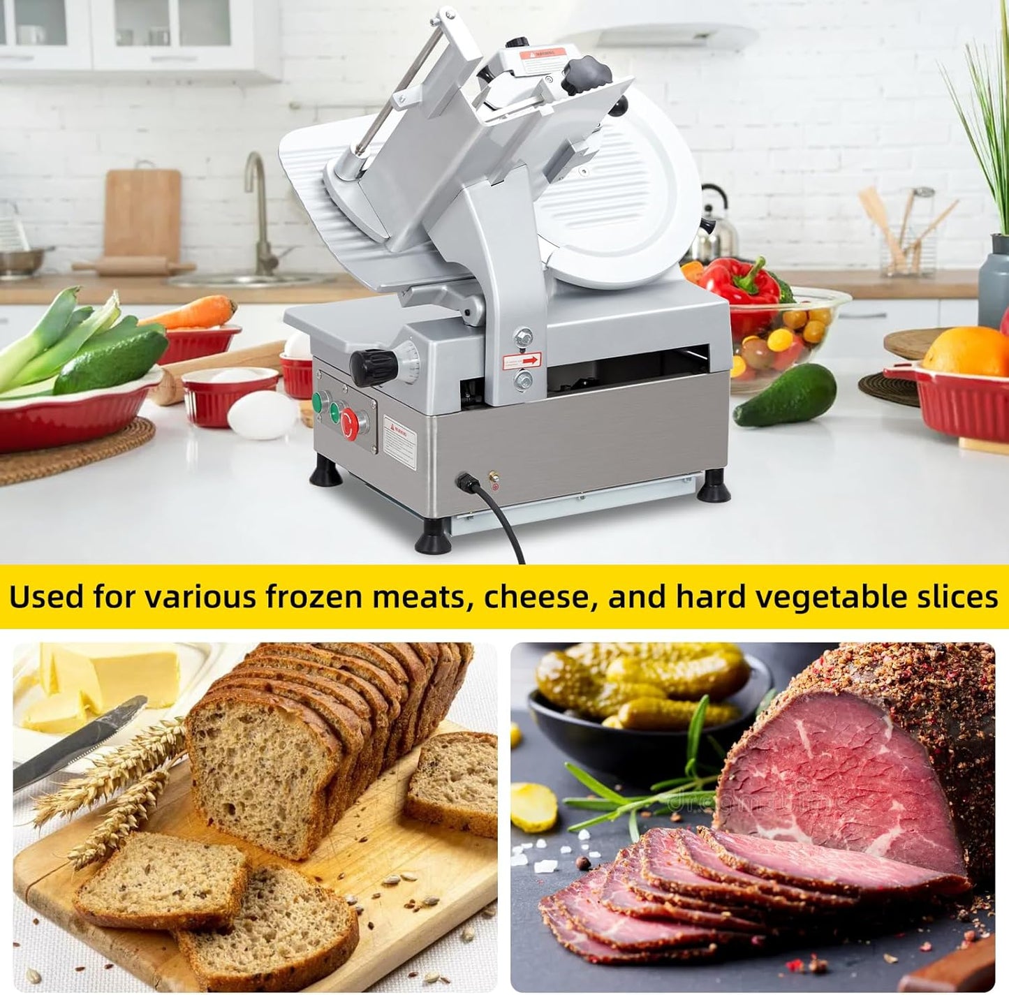 Dual Motor Automatic Meat Slicer 370W + 550W Power | 13" Sharp Carbon Steel Blade, 0-16mm Adjustable Thickness | Ideal for Deli Meats, Cheeses & Home Kitchen Use