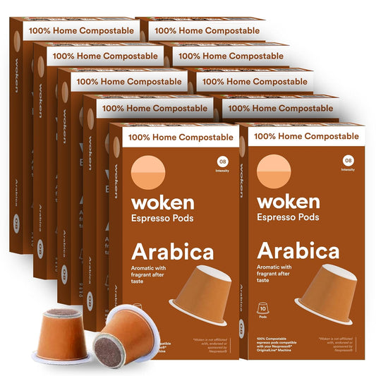 WOKEN COFFEE Compostable Nespresso Pods - Arabica Light Roast Italian Espresso Coffee Capsules Compatible With Nespresso Coffee Machine (100 Pod Count, 10 Boxes)