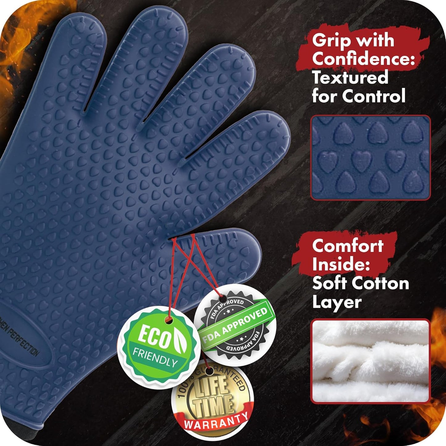 KITCHEN PERFECTION Silicone Smoker Oven Gloves -Extreme Heat Resistant BBQ Gloves -Handle Hot Food Right on Your Smoker Grill Fryer Pit|Waterproof Oven Mitts Grill Gloves |Superior Value Set+3 Bonuses