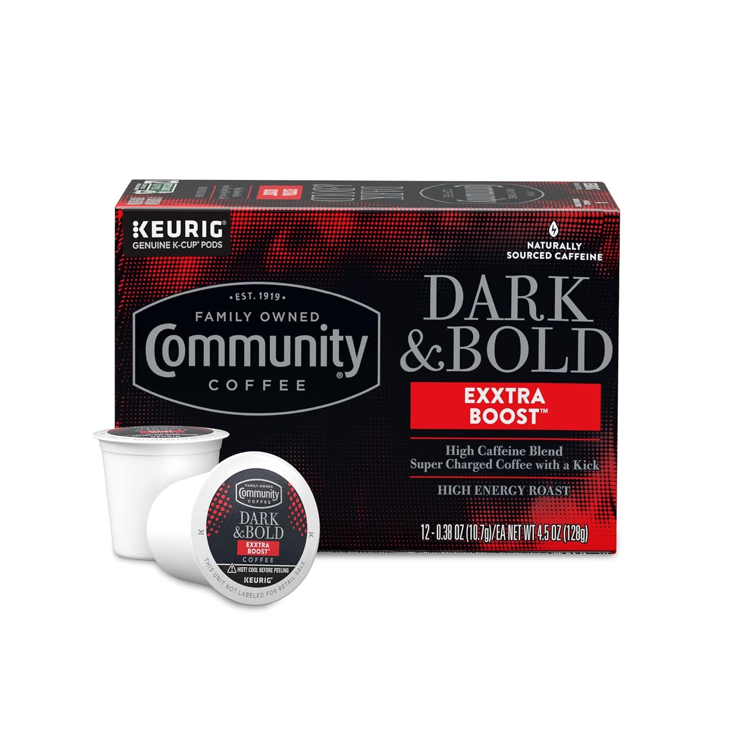 Community Coffee Dark & Bold Exxtra Boost 12 Count Coffee Pods, Compatible with Keurig 2.0 K-Cup Brewers, 12 Count (Pack of 1)