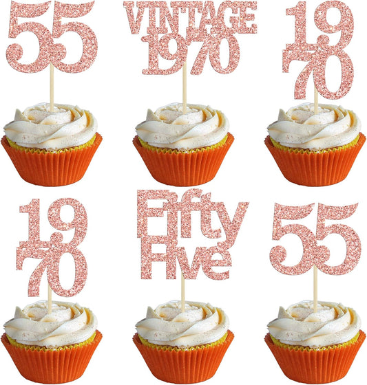 Gyufise 24Pcs 55th Birthday Cupcake Toppers Glitter Cheers to 55 Fabulous Fifty Five Vintage 1970 Cupcake Picks 55th Birthday Wedding Anniversary Party Cake Decorations Supplies Rose Gold