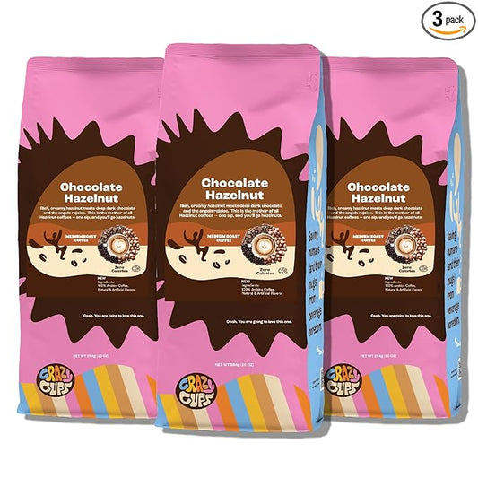 Crazy Cups Chocolate Hazelnut Ground Coffee, For Brewing Flavored Hot Or Iced Coffee, Medium Roast Flavored Coffee in 10 oz Bags, Pack of 3