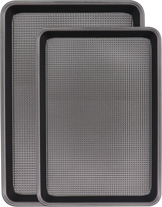 Cookie Sheets for Baking Nonstick, 2 Pack Heavy Duty 0.8mm Dark Gray Sheet Pan Set Quarter(9x13in) & Jelly Roll(10x15in), Diamond Textured Commercial Grade, Small Oven Safe