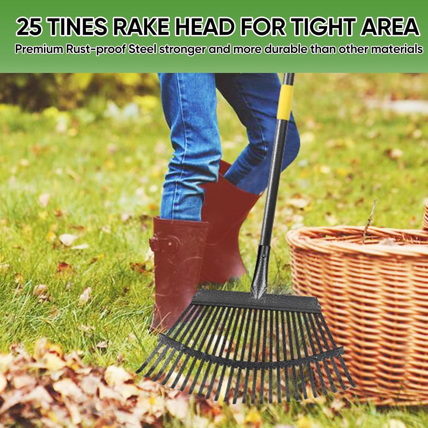Garden Leaf Rakes, 6FT Rake for Lawns Heavy Duty 25 Metal Tines 18.5 inch Wide, Adjustable Steel Handle, Rakes for Leaves, Gathering Shrub, Grass, Flower Beds