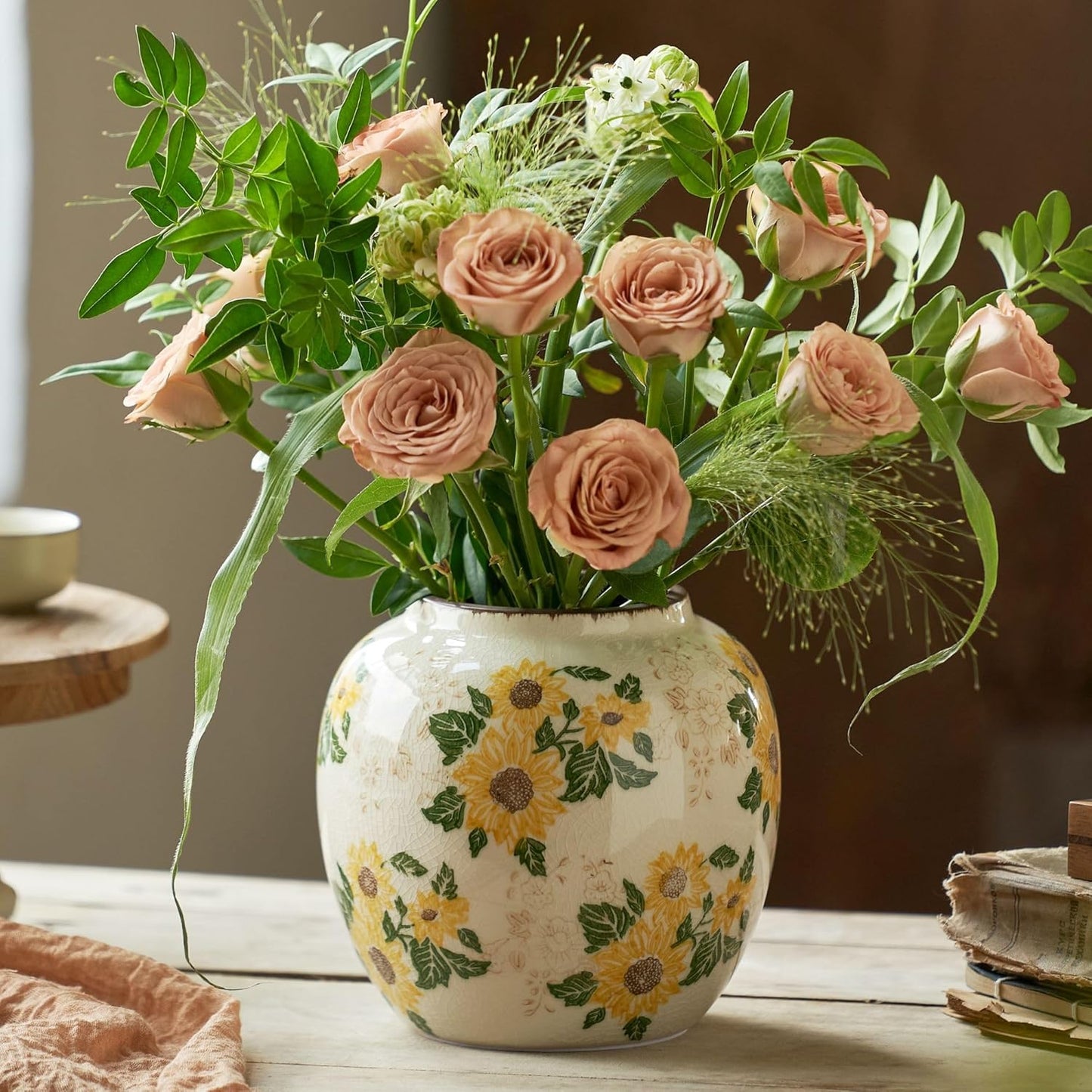 Round Pastoral Ceramic Vase, 6.3 Inch Chinoiserie Sunflower Yellow Floral Vases, Retro Ice Cracked Rustic Antique Flower Vases for Rustic Living Room Home Decor (Large Round)