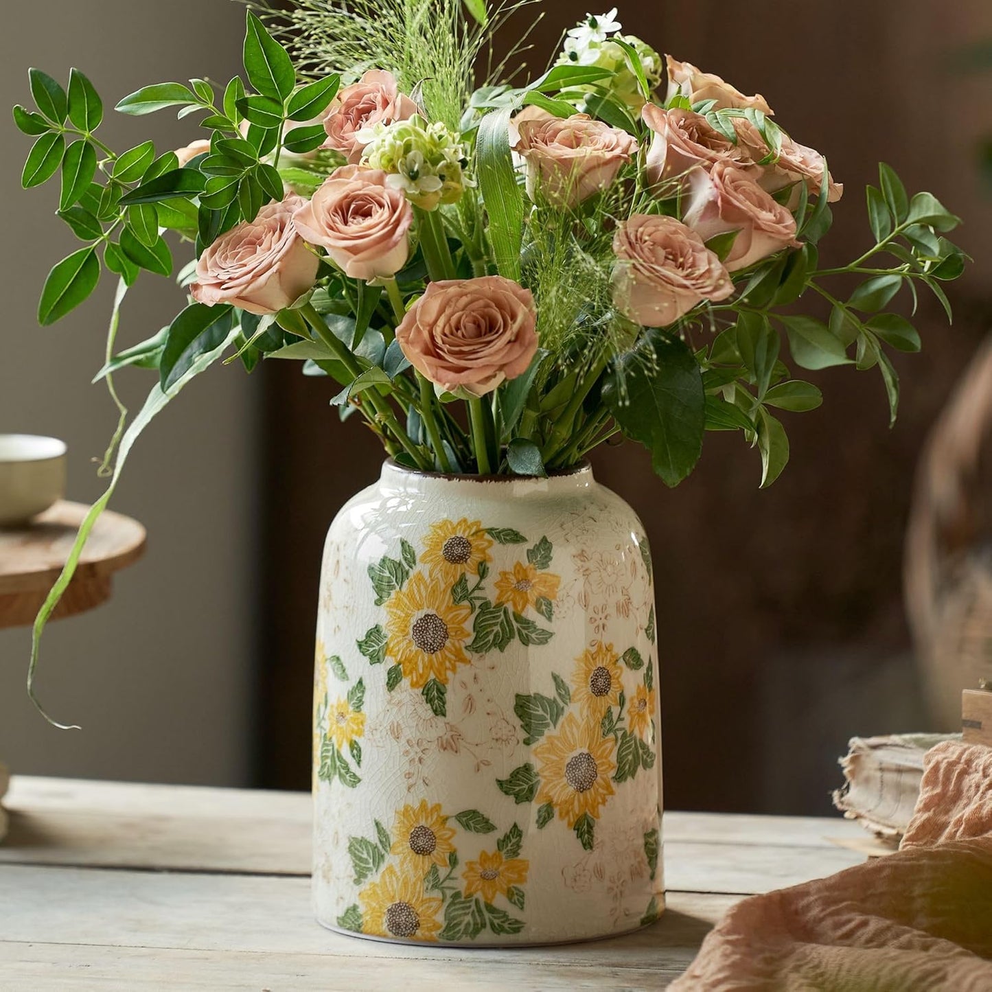 Vintage Ceramic Vase, 7.9 Inch Chinoiserie Sunflower Yellow Floral Vases, Retro Ice Cracked Rustic Antique Flower Vases for Modern Coffee Table Home Decor (Medium Cylinder)