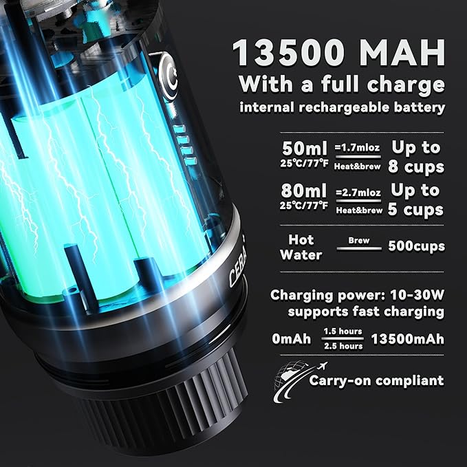 CERA+ Self-Heating Portable Espresso Machine,Up to 8 Cups per Charge & 20 Bar, 13500mAh, CERApresso Works with NS Capsules & Grounds, Electric Coffee Maker for Camping,Hiking,Office & Car/Air Travel