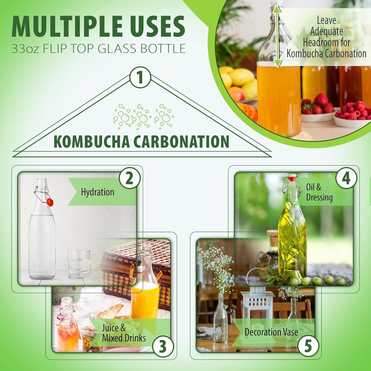 AYL Flip Top Glass Bottle [1 Liter / 33 fl. oz.] [Pack of 4] – Swing Brewing Bottle with Stopper for Beverages, Oil, Vinegar, Kombucha, Water, Soda, Kefir – Airtight Lid & Leak Proof Cap – Clear