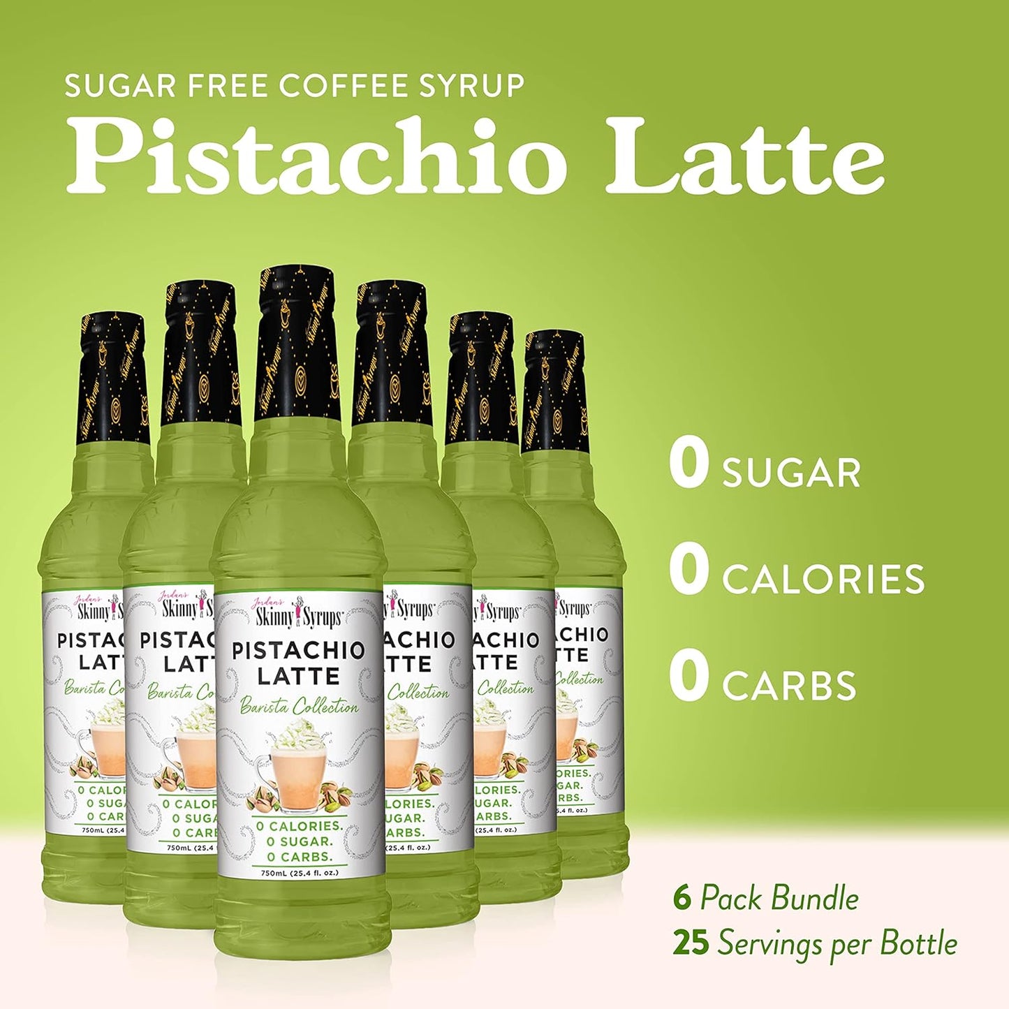 Jordan's Skinny Syrups Sugar Free Coffee Syrup, Pistachio Flavor Drink Mix, Zero Calorie Flavoring for Chai Latte, Protein Shake, Food & More, Gluten Free, Keto Friendly, 25.4 Fl Oz (Pack of 6)