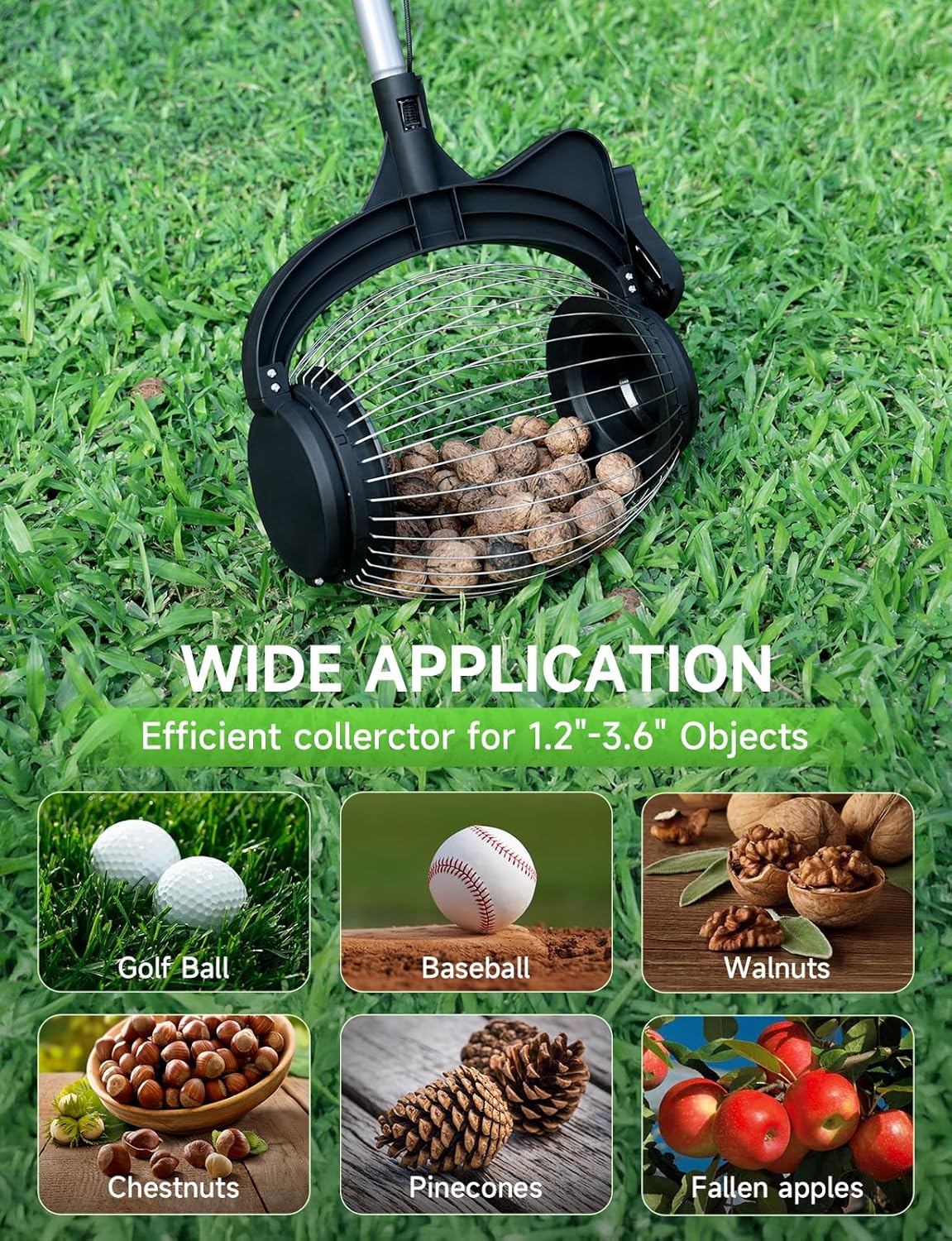 Nut Gatherer for Walnuts with 1.8-Gallon Capacity, No-Bend Emptying Design，Acorn Picker Upper Roller Suitable for 1.2"-3.6" Walnuts,Chestnuts, Fallen Apples & Tennis Balls(No Small Acorns)