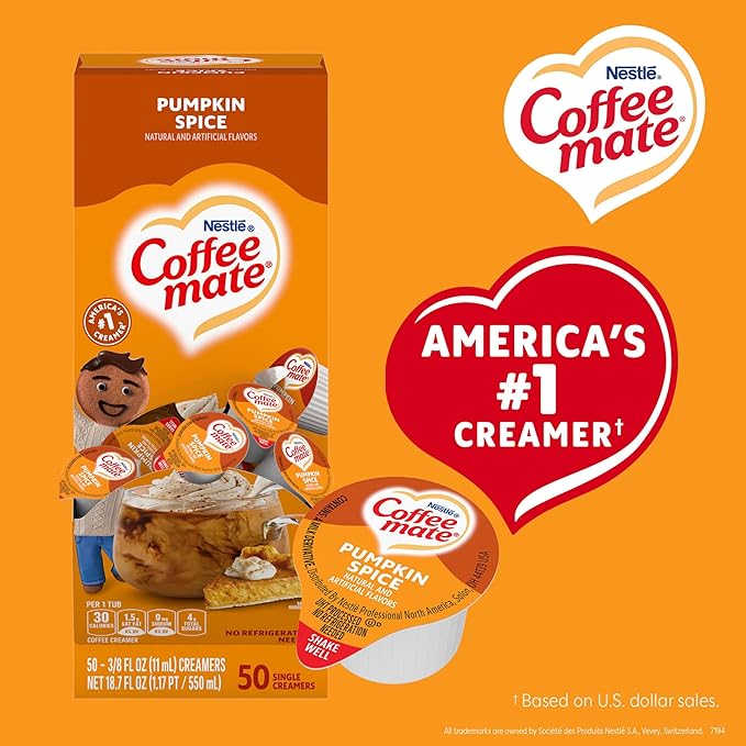 Nestle Coffee mate Coffee Creamer, Pumpkin Spice, Liquid Creamer Singles, Non Dairy, No Refrigeration, 0.375 fl oz Tubs (Pack of 200)