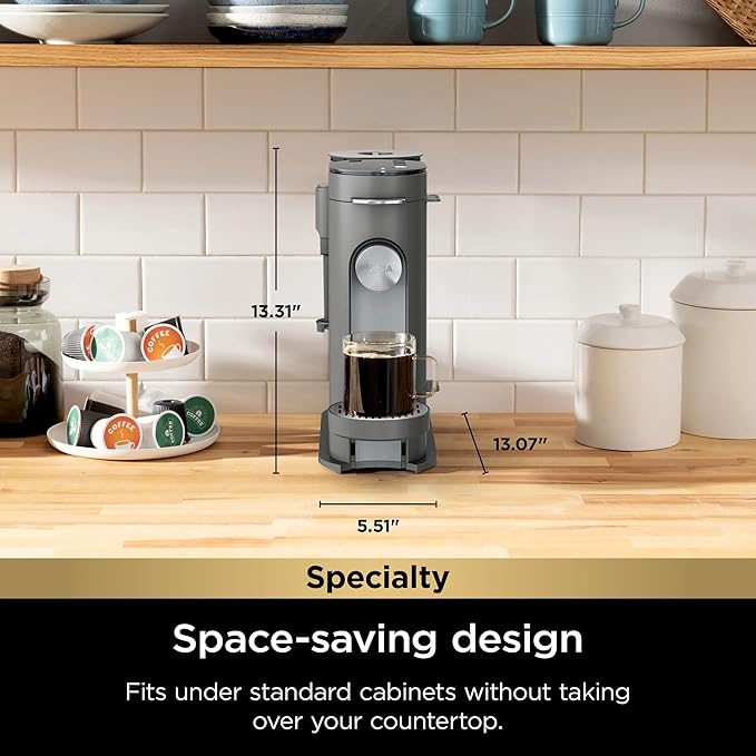 Ninja Single-Serve Coffee Maker, Pods & Grounds, 4 Brew Styles: Classic, Rich, Over Ice, Specialty, Compact, Frother, 6-24 oz Brew Sizes, Travel Mug Friendly, Gray, PB050