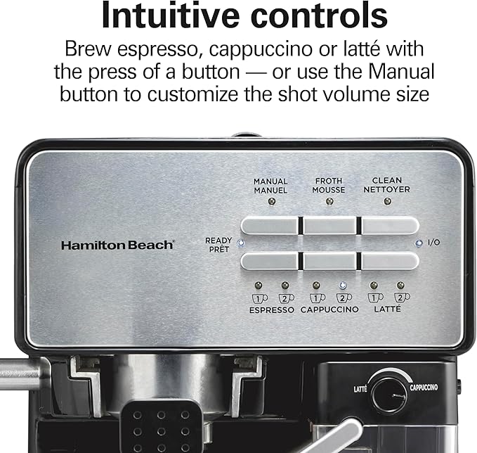 Hamilton Beach Slide and Lock Espresso Machine, Programmable Coffee Maker for Café-Quality Cappuccino & Latte, 15 Bar Pump, Milk Frother Steamer Wand, 70 oz. Removable Reservoir, Black (40750)