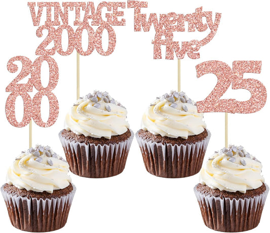 Gyufise 24Pcs 25th Birthday Cupcake Toppers Glitter Twenty-five Vintage 2000 Hello 25 Years Birthday Cupcake Picks Cheers to 25 Cake Decor for Happy 25th Anniversary Party Supplies Rose Gold