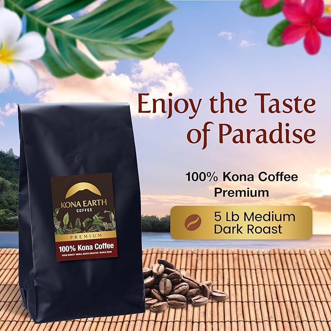 KONA EARTH 100% Kona Premium Coffee, Medium Dark Roast, Whole Bean, 5 lb (80 oz) Farm-Direct Authentic Hawaiian Kona Coffee beans from Hawaii’s Big Island, Micro-Batch-Roasted