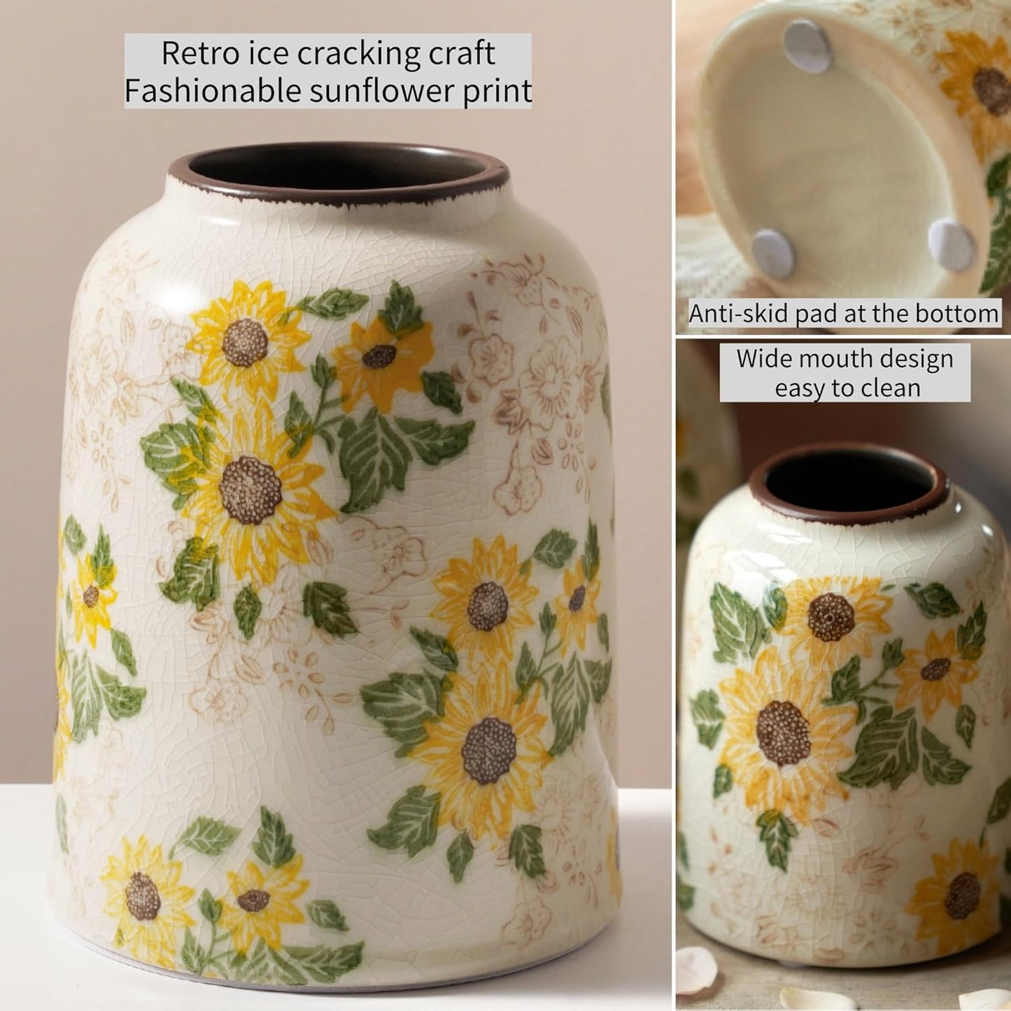 Vintage Ceramic Vase, 7.9 Inch Chinoiserie Sunflower Yellow Floral Vases, Retro Ice Cracked Rustic Antique Flower Vases for Modern Coffee Table Home Decor (Medium Cylinder)