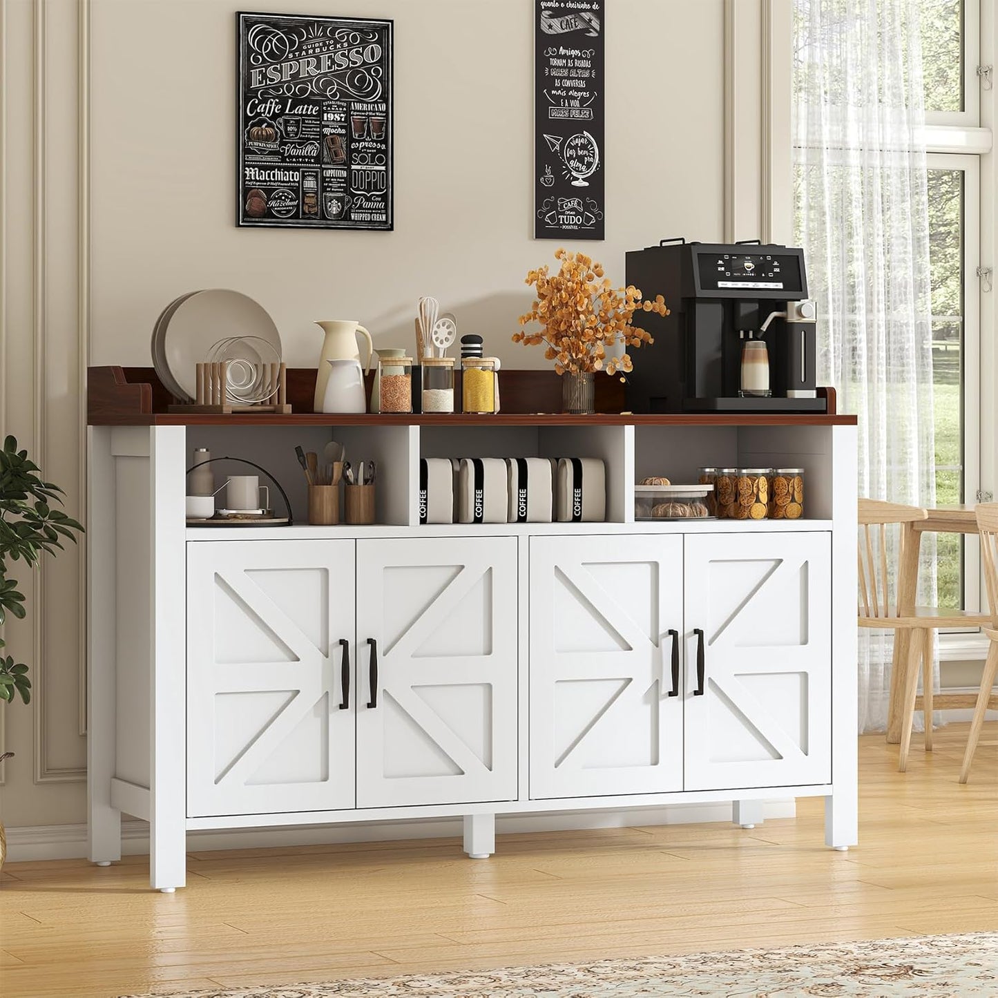 Buffet Cabinet with Storage Farmhouse with 4 Doors and 3 Open Compartments, 55'' Large Kitchen Storage Cabinet White Wood Coffee Bar Buffet Sideboard for Kitchen, Dining Room, Living Room