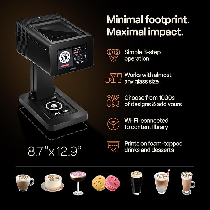 Ripples The Original Maker II, Print on Beverage Foam and Desserts, Plant-Based Ingredients Only, Selfie and Personalized Designs (Machine + Coffee Pod)