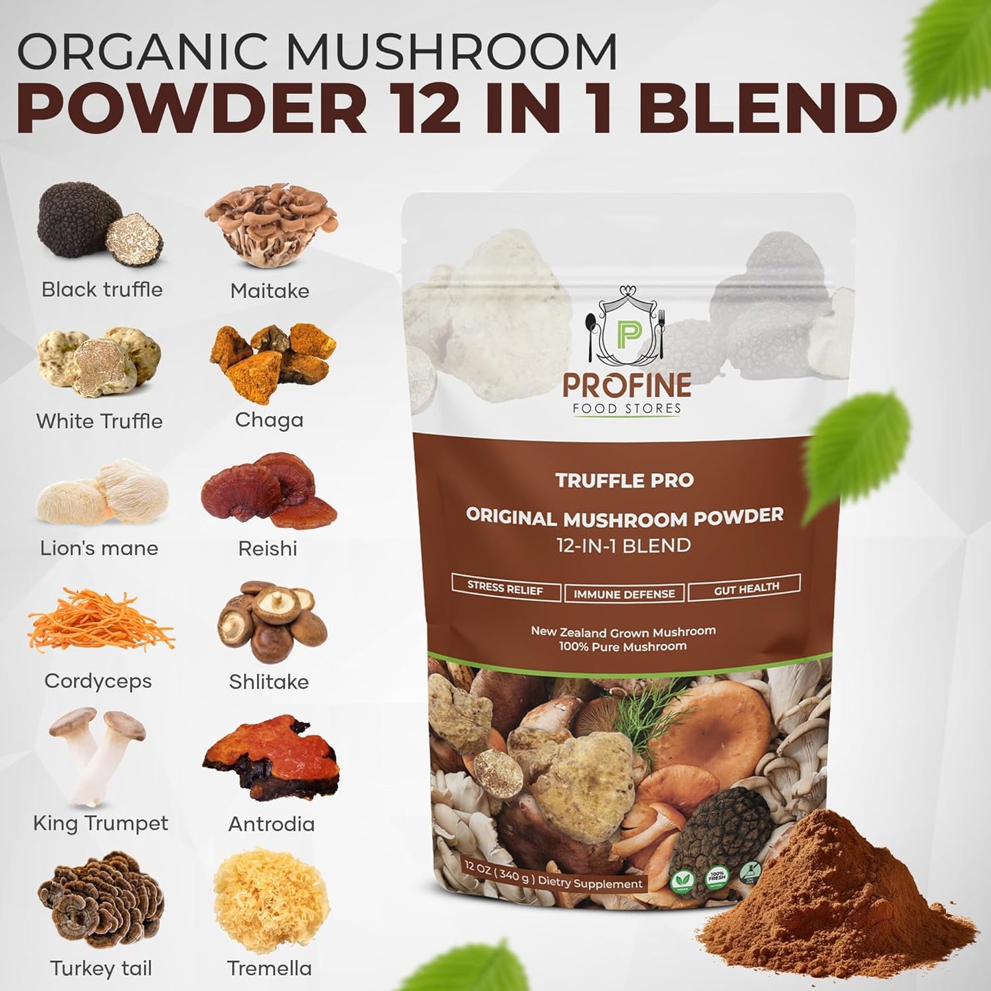 PROFINE Truffle PRO Mushroom Powder 12- in - 1 Super Blend with Black Truffle and White Truffle - USDA Organic - Supplement - Add to Coffee/Tea/Smoothies - Whole Mushrooms - No fillers