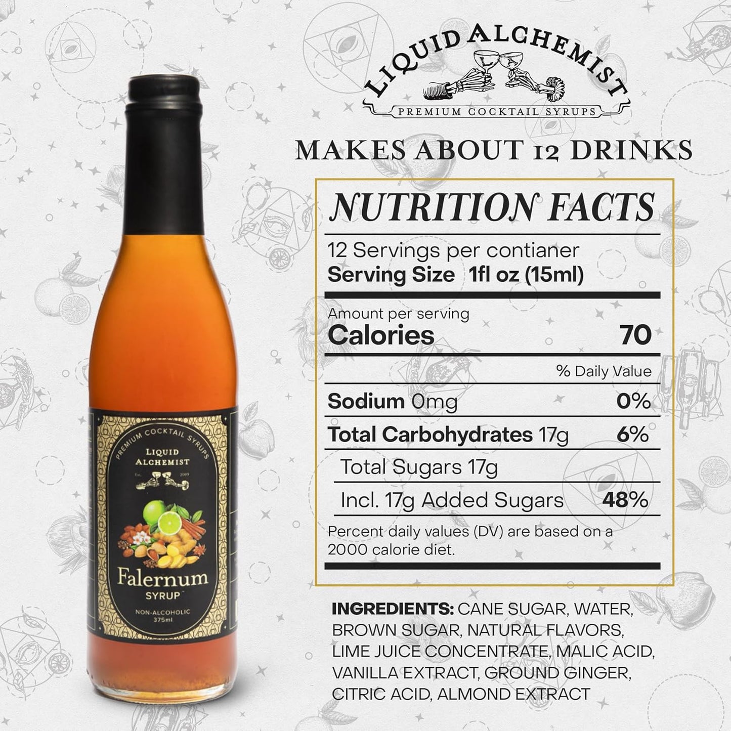 Liquid Alchemist Falernum Syrup for Cocktails - Real Ingredients Make our Falernum Cocktail Syrup a Great Mixer for any Tiki Drink - Our Drink Mixer is Non-GMO Gluten Free & Vegan (12.7 oz)