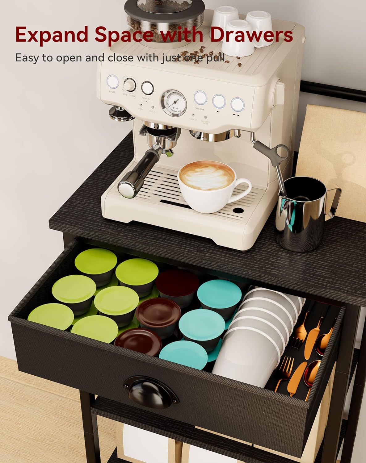 YMYNY 5 Tier Coffee Bar Station, Coffee Stand with Fabric Drawers, 8 S-Shaped Hooks, Corner Bar Cabinet, Height Adjustable, Bakers Rack for Kitchen, Living Room, Black, HBR009B