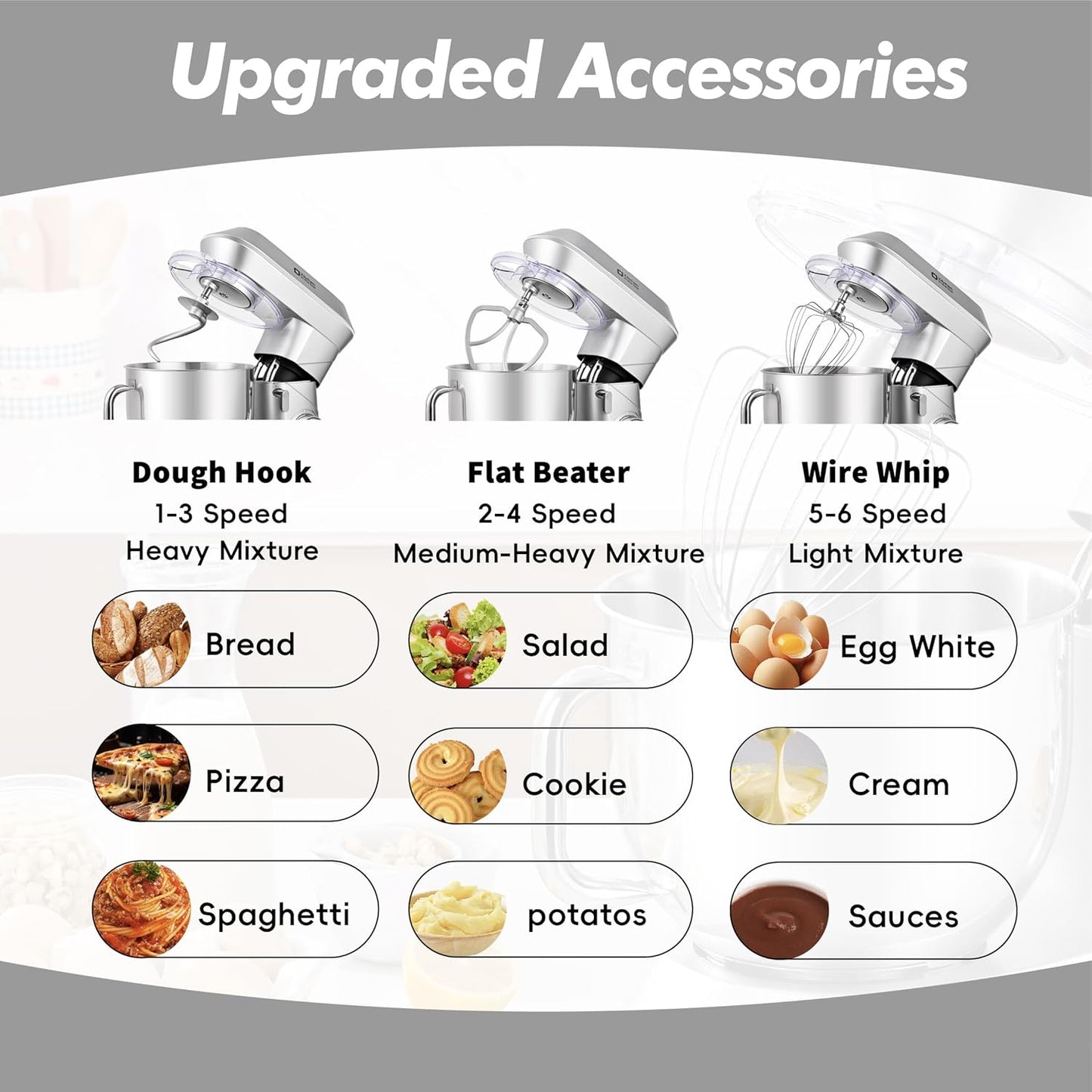 Kitchen in the box Stand Mixer, 900W 7.5QT Kitchen Electric Mixer, 6-Speed Tilt-Head Food Mixer for Baking with Dough Hook,Wire Whip,Beater (Silver)