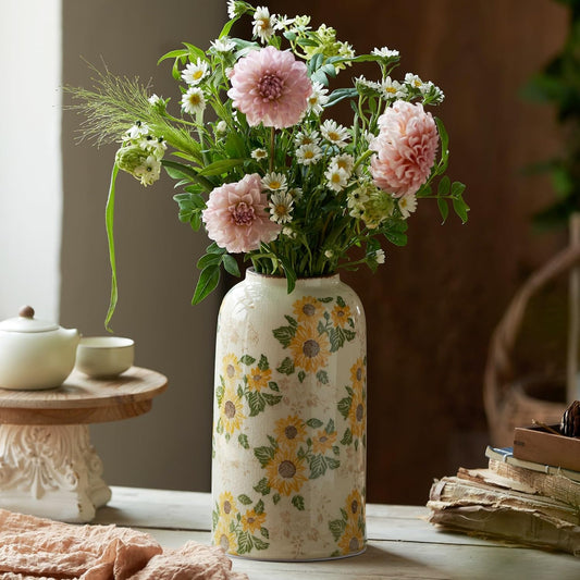 Vintage Ceramic Vase, 10.6 Inch Chinoiserie Sunflower Yellow Floral Vases, Retro Ice Cracked Rustic Antique Flower Vases for Modern Room Bathroom Shelf Home Decor (Large Cylinder)